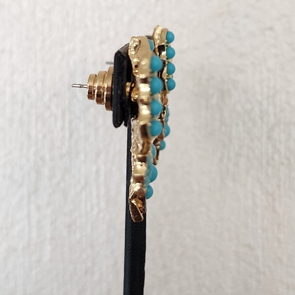 Turquoise and Gold Butterfly Statement Earrings with Pearl Accents - Picture 5 of 6